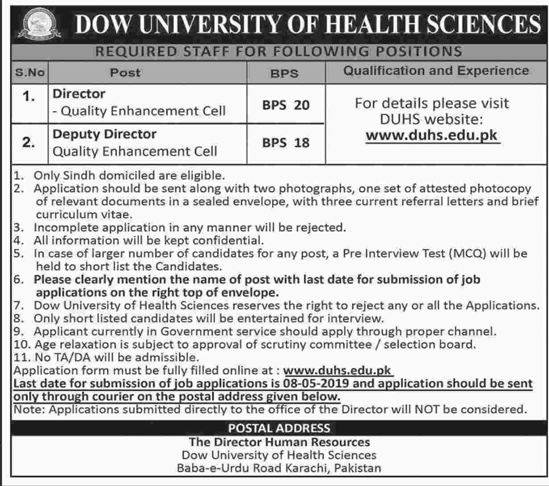 Get a Latest Jobs In Dow University Karachi 2019