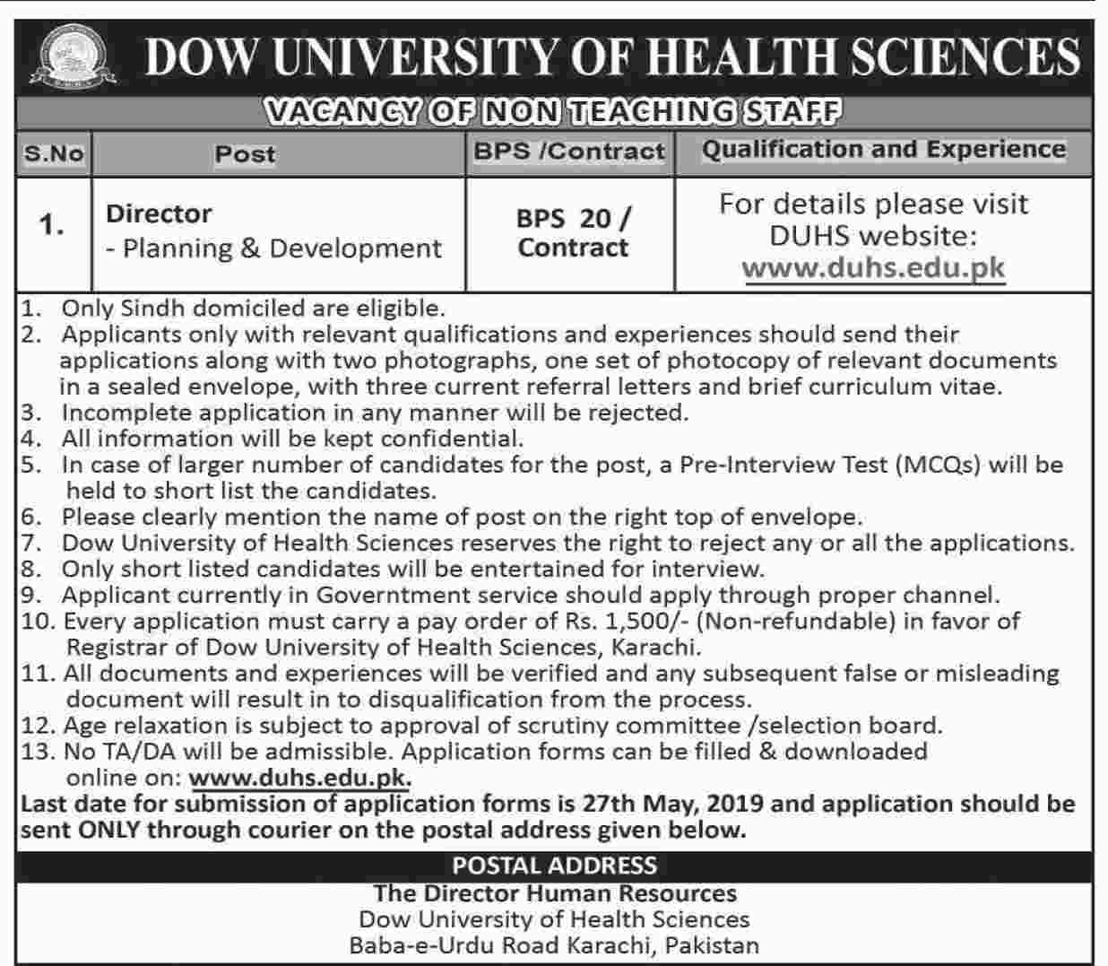 Get a Latest Jobs In DOW University Of Health Sciences 2019