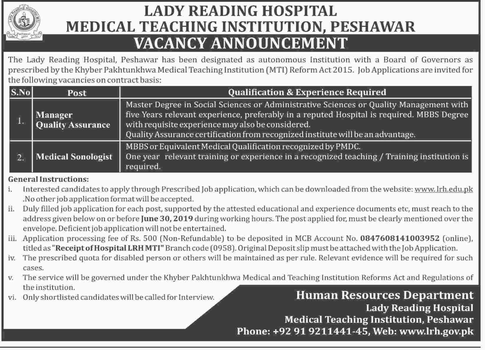 Get a Latest Jobs In Lady Reading Hospital Peshawar 2019