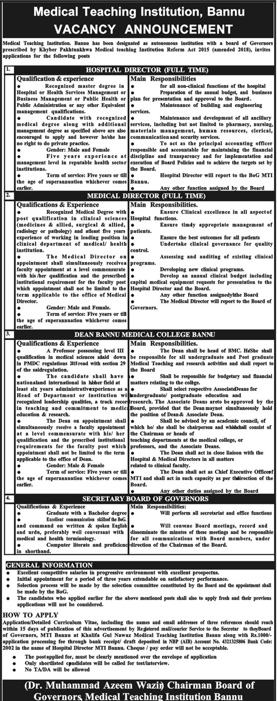 Get a Latest Jobs In Medical Teaching Institution Bannu 2019