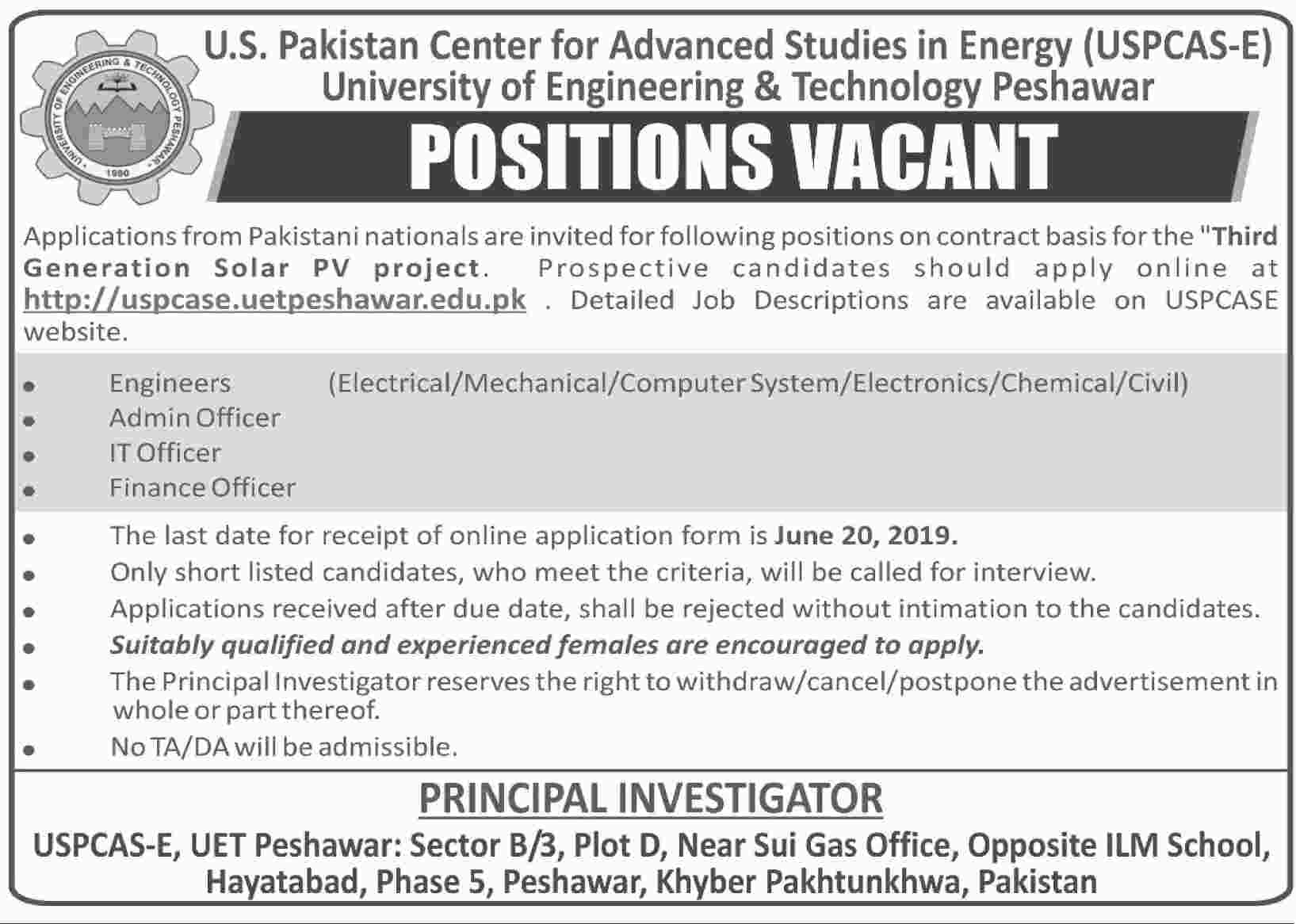 Get a Latest Jobs In UET Peshawar 2019