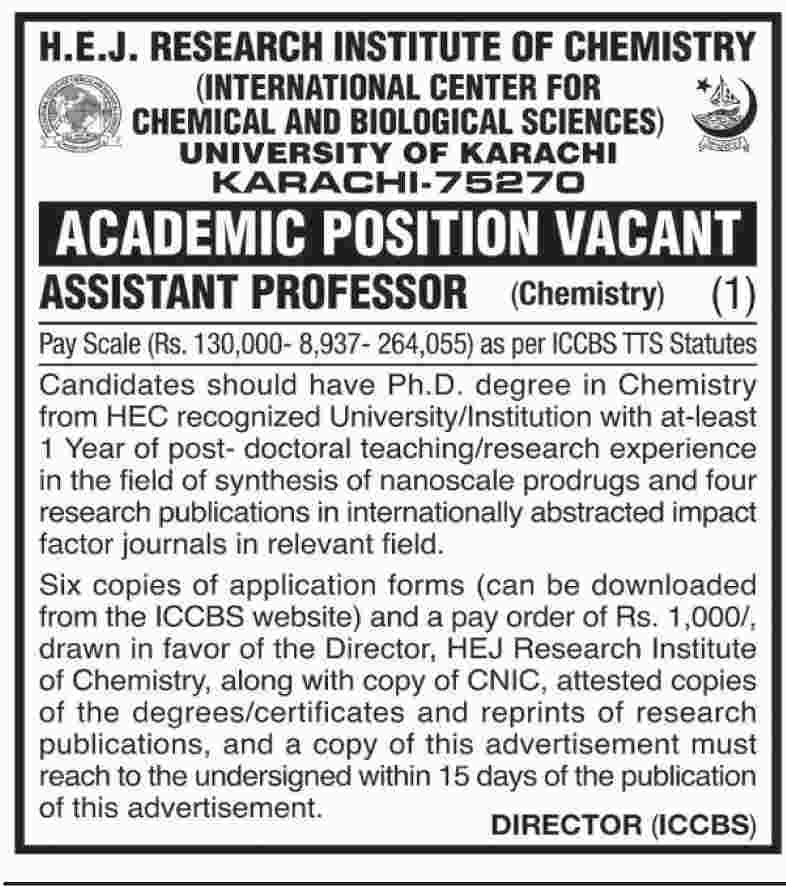 H.E.J Research Institute Of Chemistry Offers Jobs 2019
