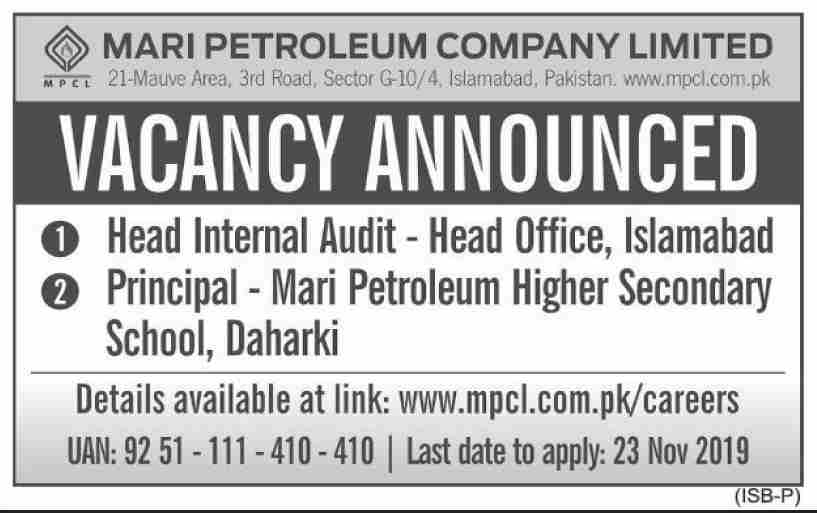 Head Internal Audit,Principal Jobs In Mari Petroleum Company Limited Islamabad