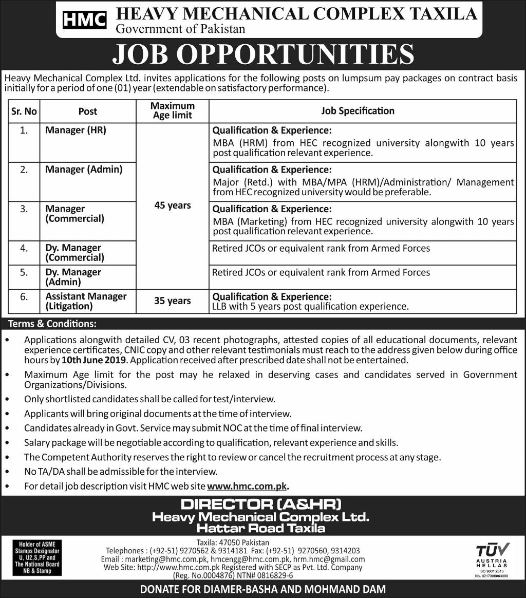 Heavy Mechanical Complex Taxila Offering Jobs 2019