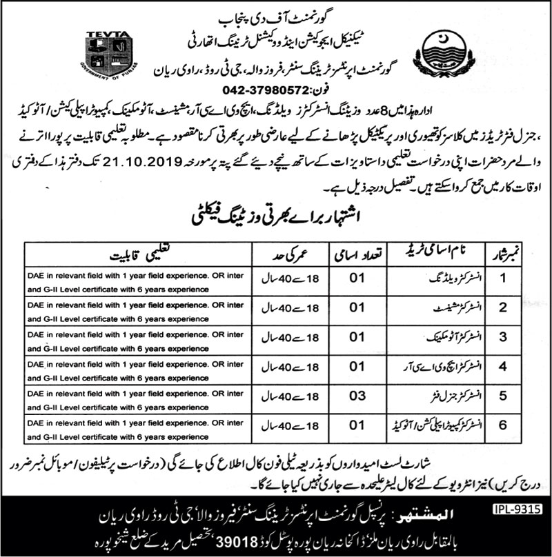 Instructor  Jobs In Technical Education & Vocational Training Authority  Sheikhupura