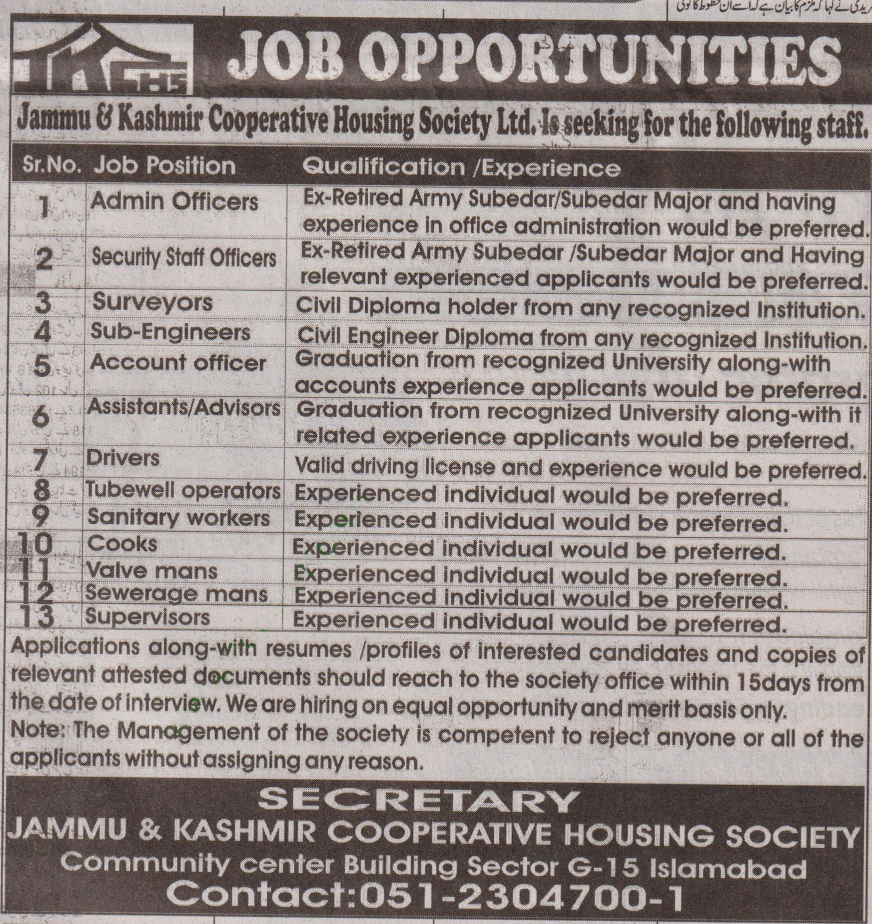Jammu & Kashmir Cooperative Housing Society Limited Offering jobs 2019