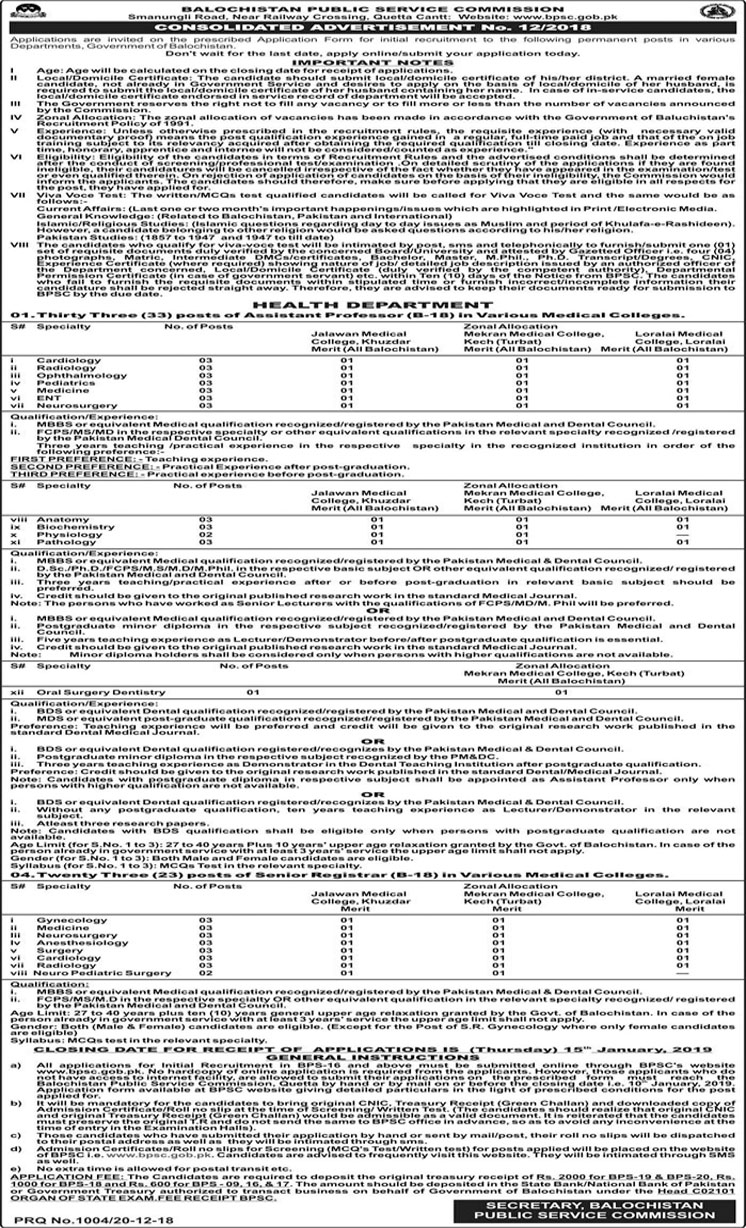  Job In Balochistan Public Service Commission  22 Dec 2018