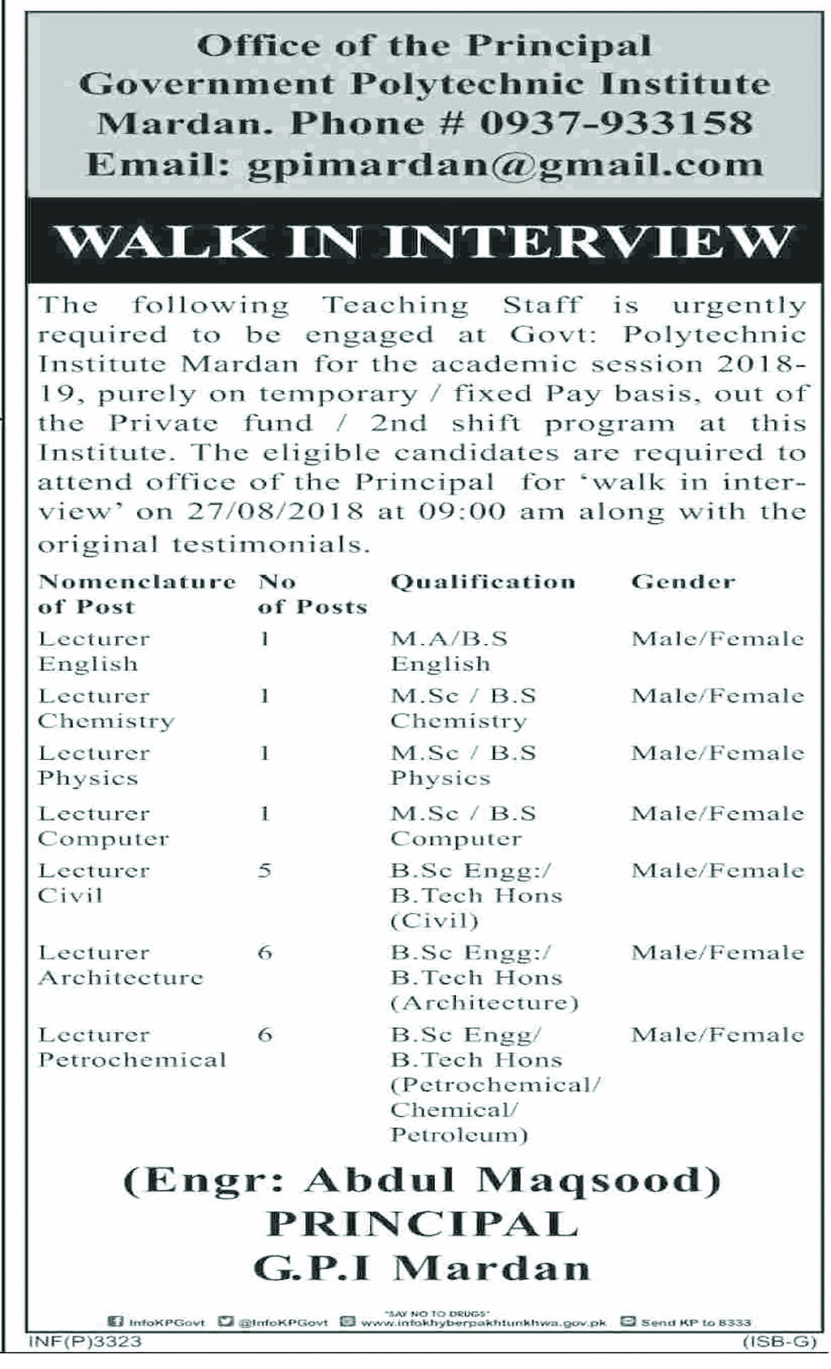 Job In Govt Polytechnic Institute Mardan 16 Aug 2018 