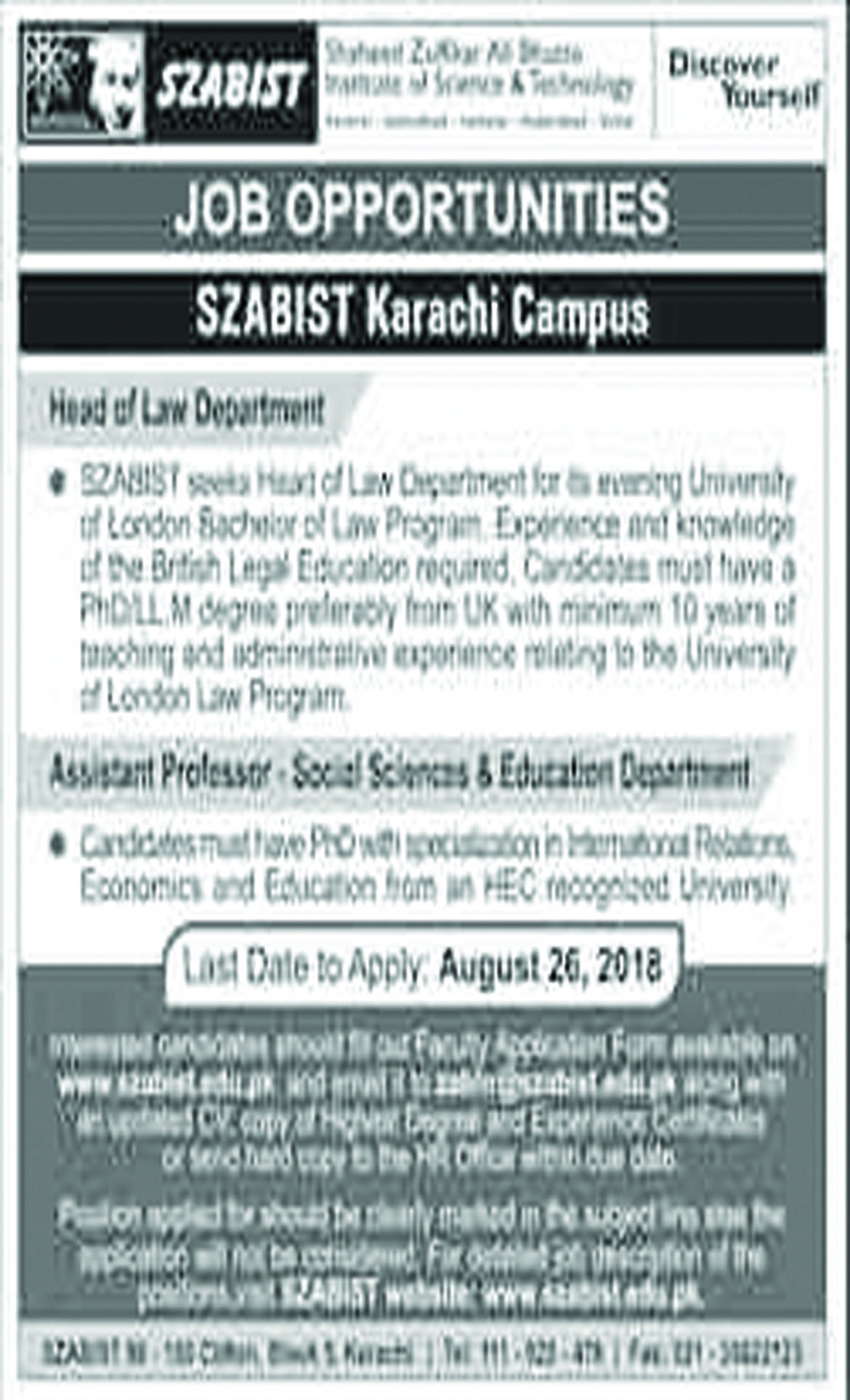 Job In Law Department In Karachi University 13 Aug 2018 