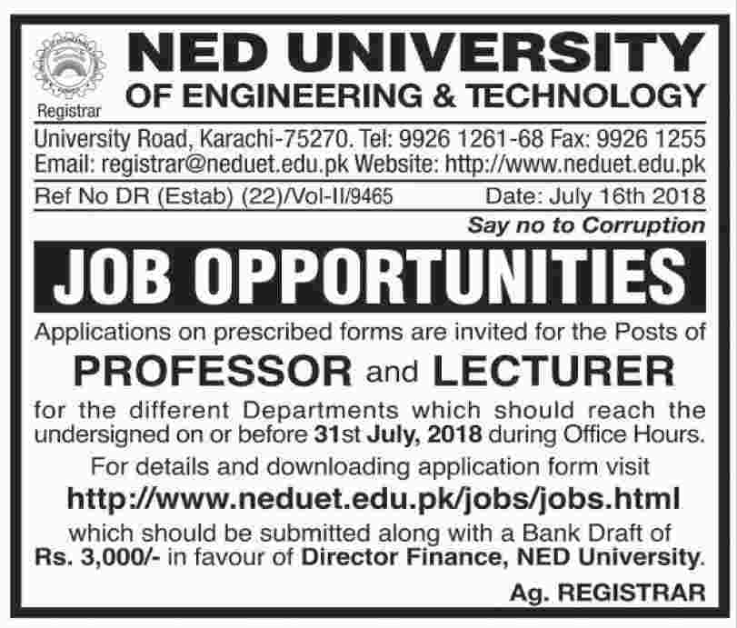  Job In NED University Of Engineering And Technology 18 July 2018