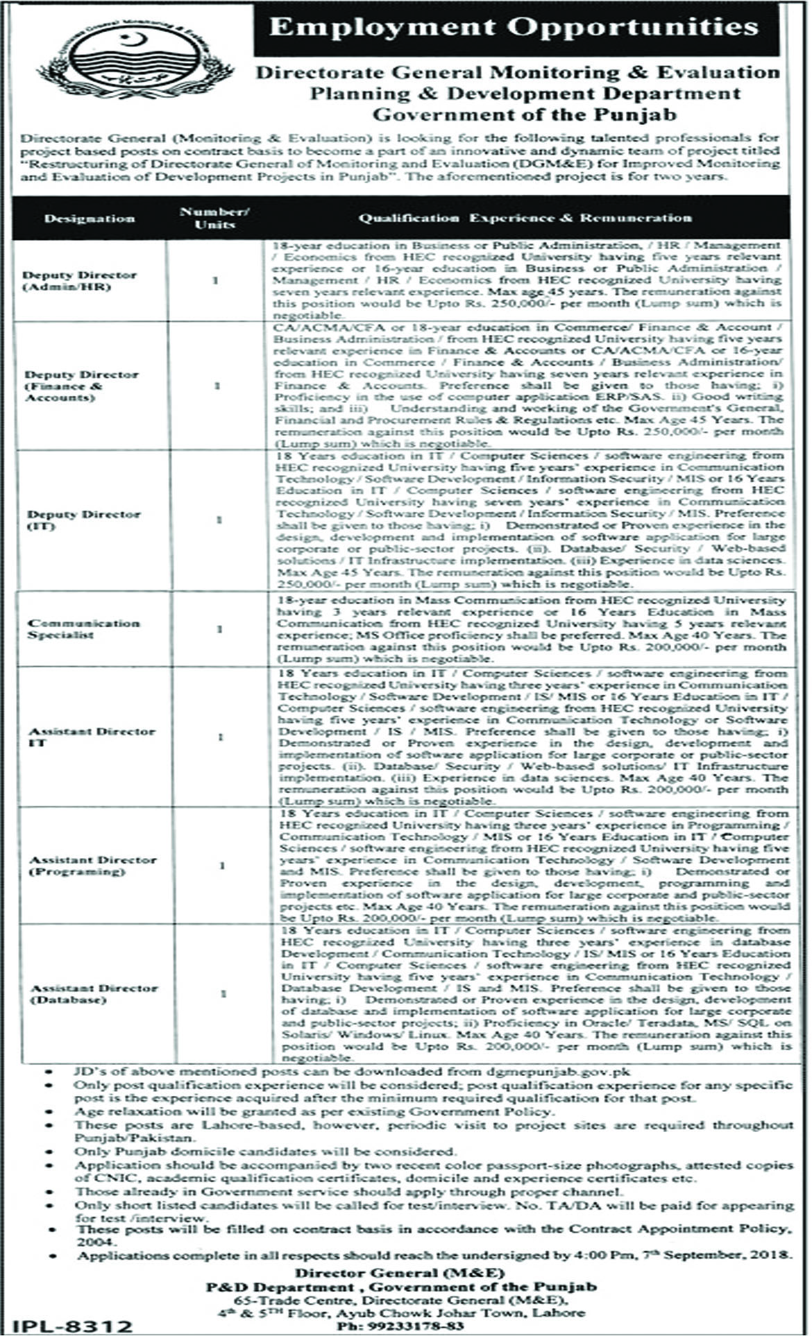 Job In Planning And Development Department Punjab 16 Aug 2018 