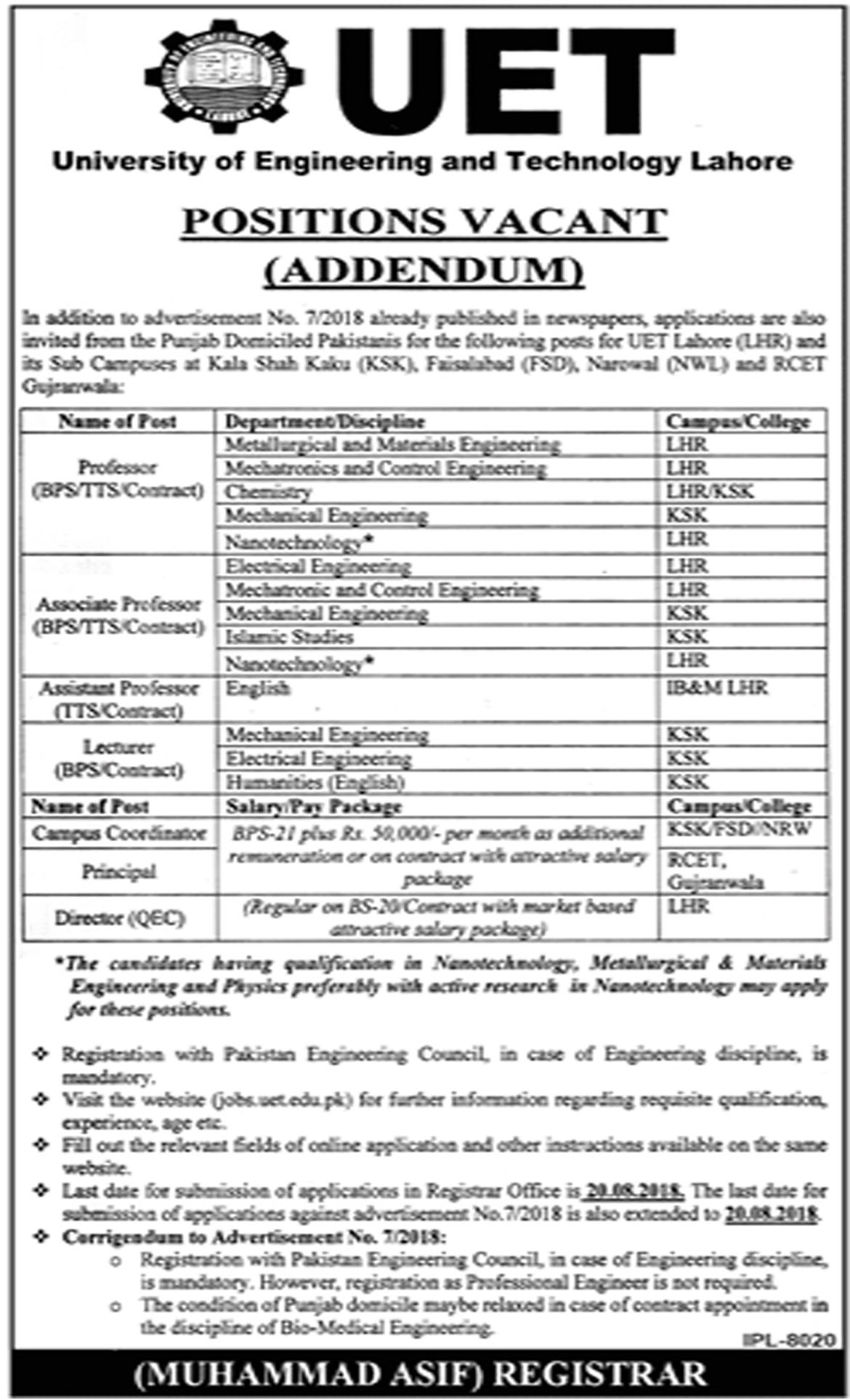 Job In Punjab University Of Engineering And Technology 8 Aug 2018 
