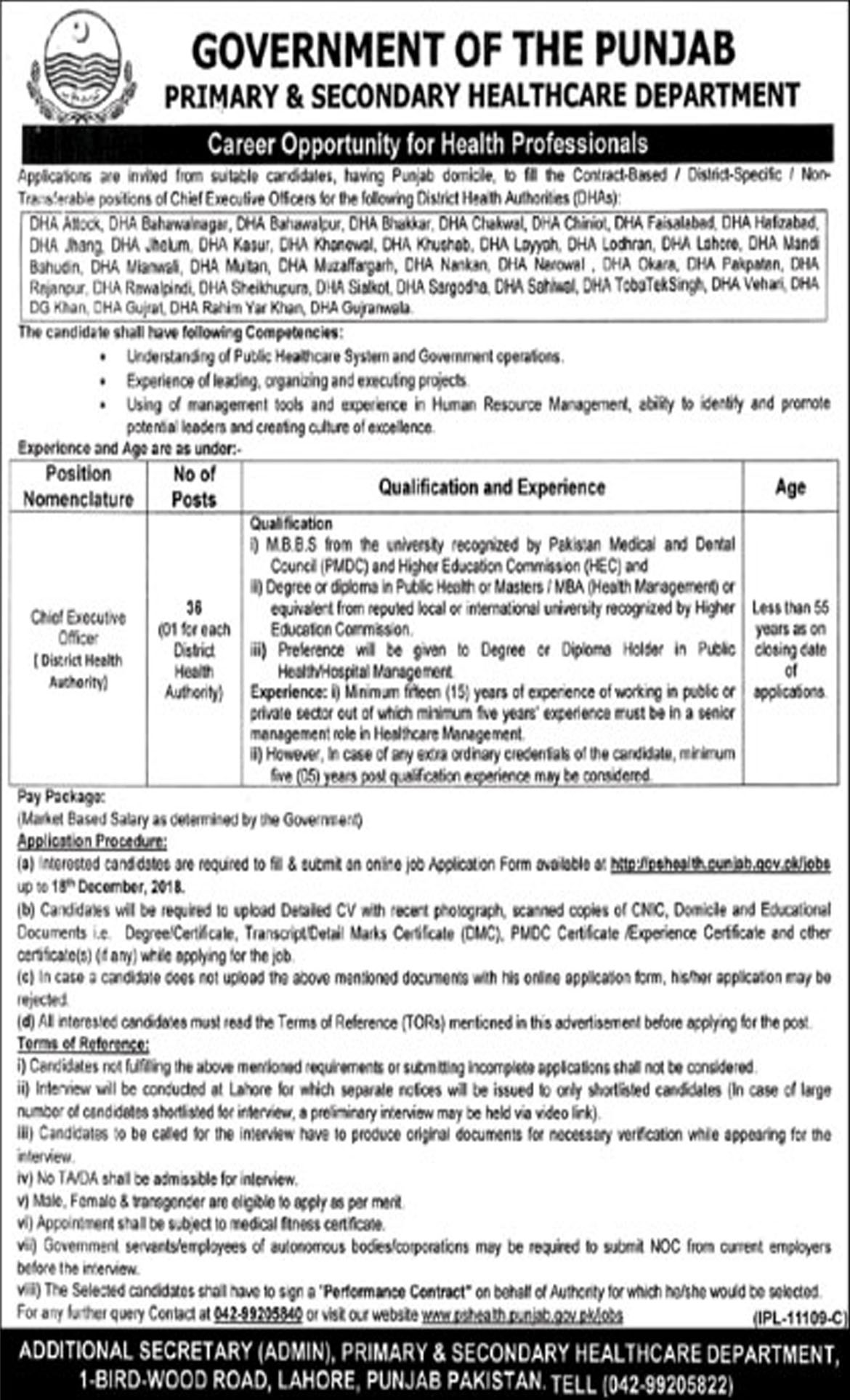 Jobs Announces In Govt Of The Punjab Primary & Secondary Healthcare Department At 26 Nov 2018