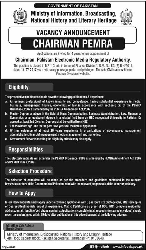 Jobs for Chairman Pemra in Islamabad 18 Feb 2018