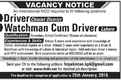 Jobs for Driver and Watchman 21 Jan 2018