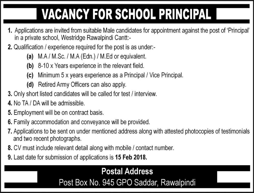 Jobs for School Principal in Rawalpindi 04 Feb 2018