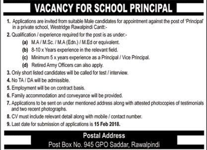 Jobs for School Principal in Rawalpindi 04 Feb 2018