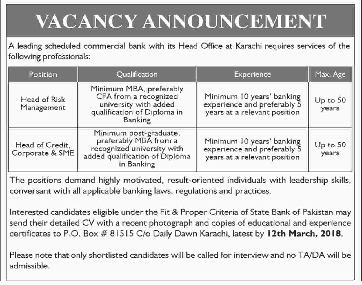 Jobs In A Commercial Bank Of Karachi 27 Feb 2018