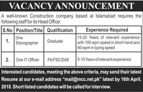 Jobs in a Construction Company in Islamabad 10 April 2018