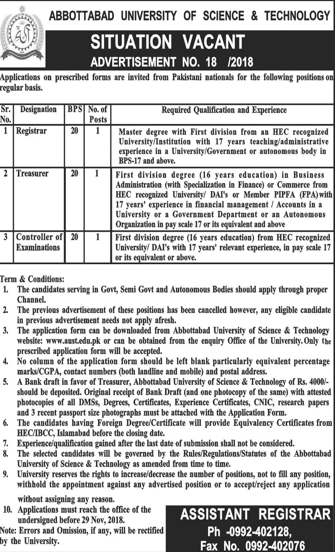 Jobs In Abbottabad University Of Science And Technology 09 Nov 2018