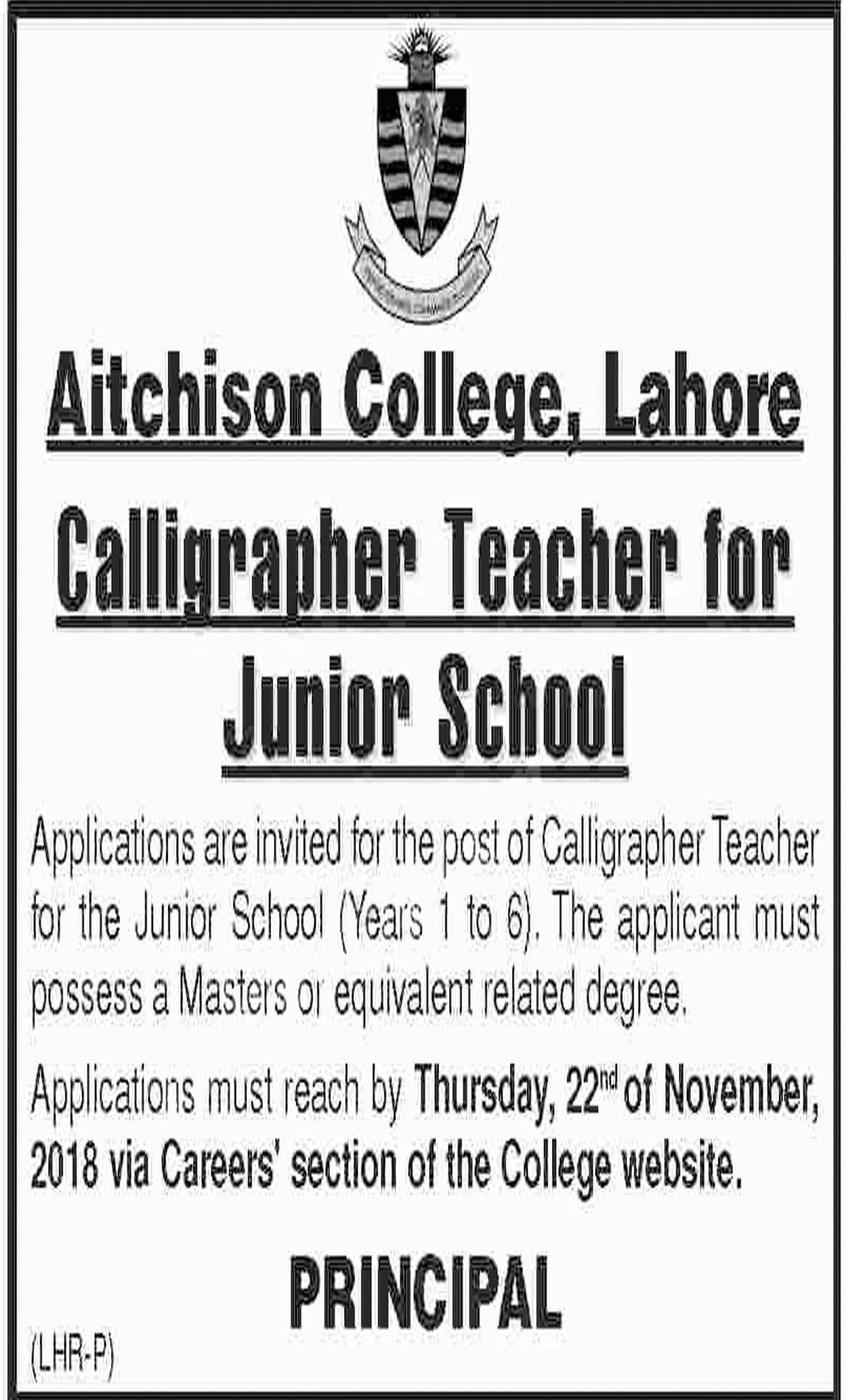 Jobs In Aitchison College Lahore 16 Nov 2018