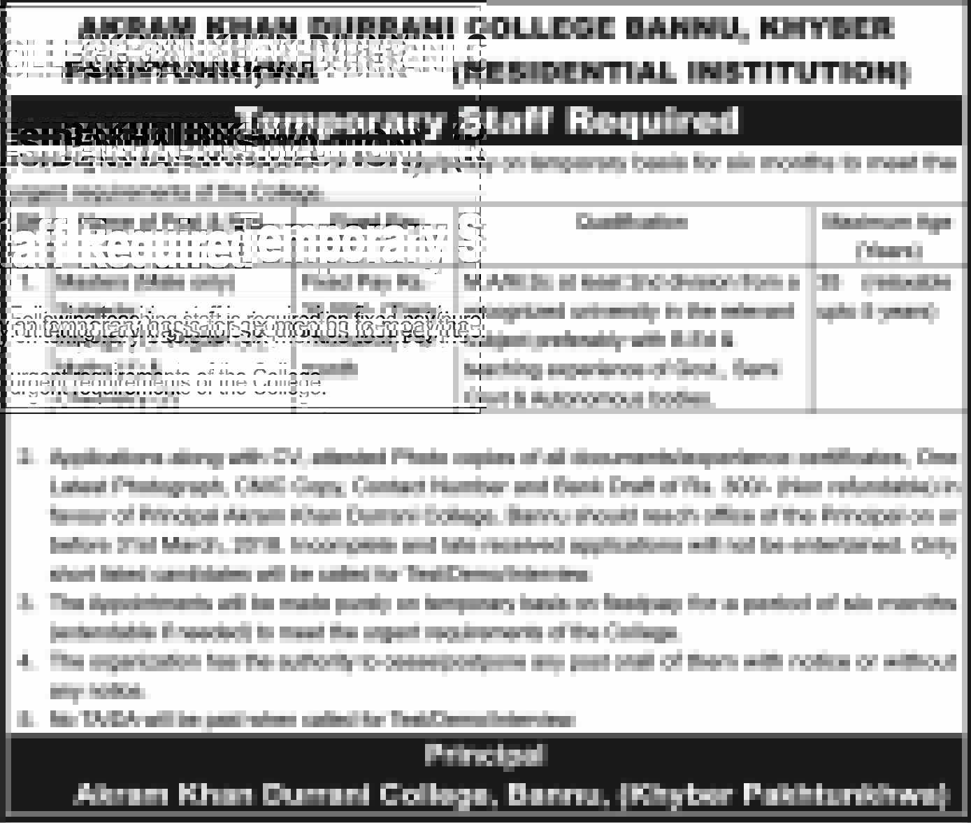 Jobs in Akram Khan Durrani College Bannu 20 March 2018