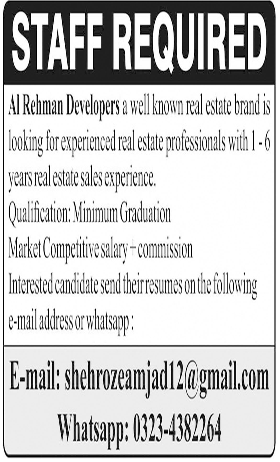 Jobs In Al Rehman Developers 18 Oct 2018