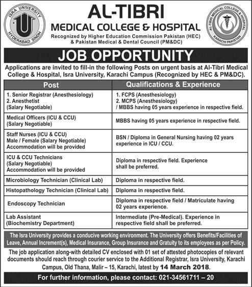 Jobs in Al Tibri Medical College and Hospital 04 March 2018