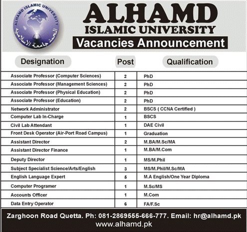 Jobs in Alhamd Islamic University 16 July 2018