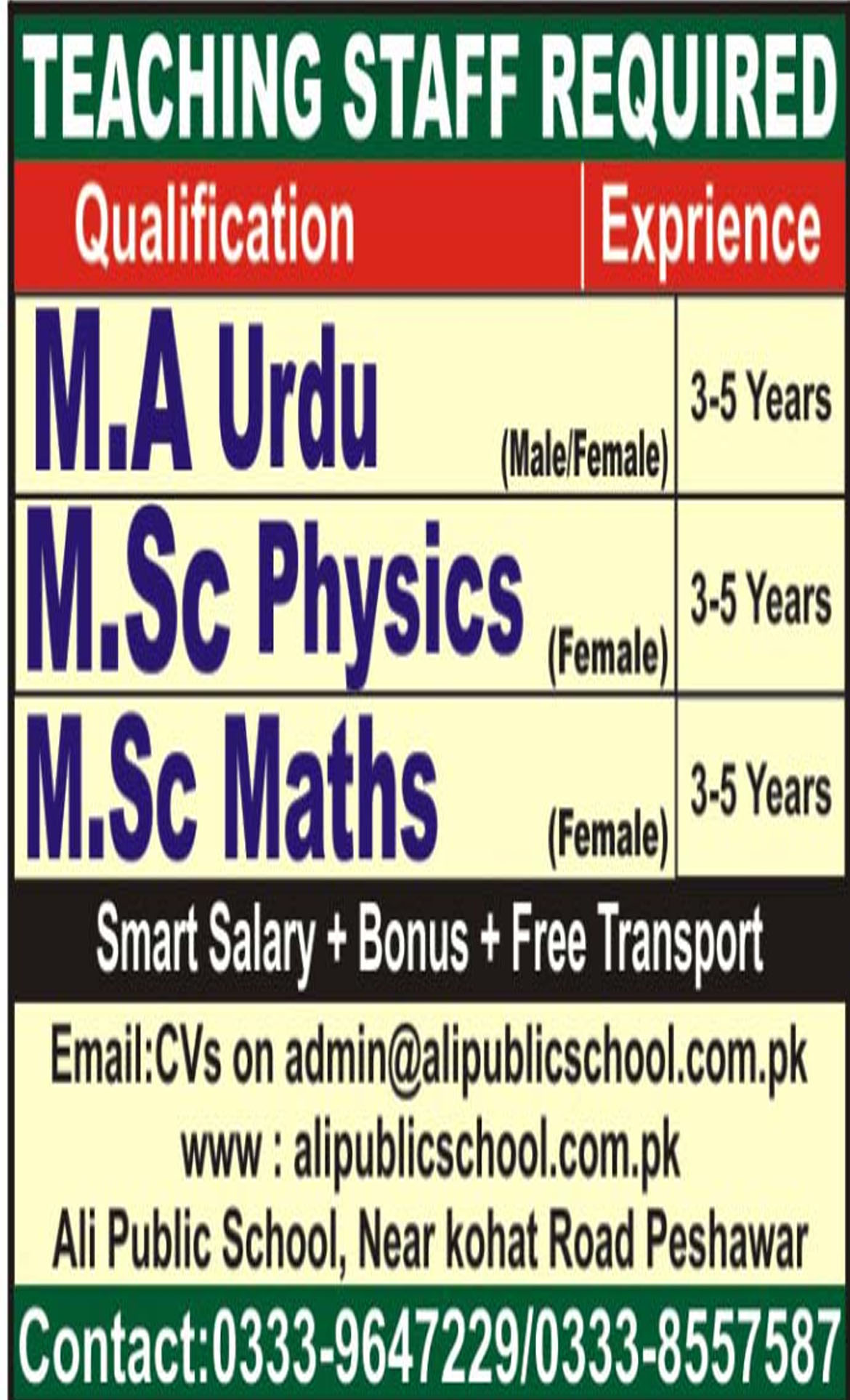 Jobs In Ali Public School Kohat Peshawar 05 Nov 2018