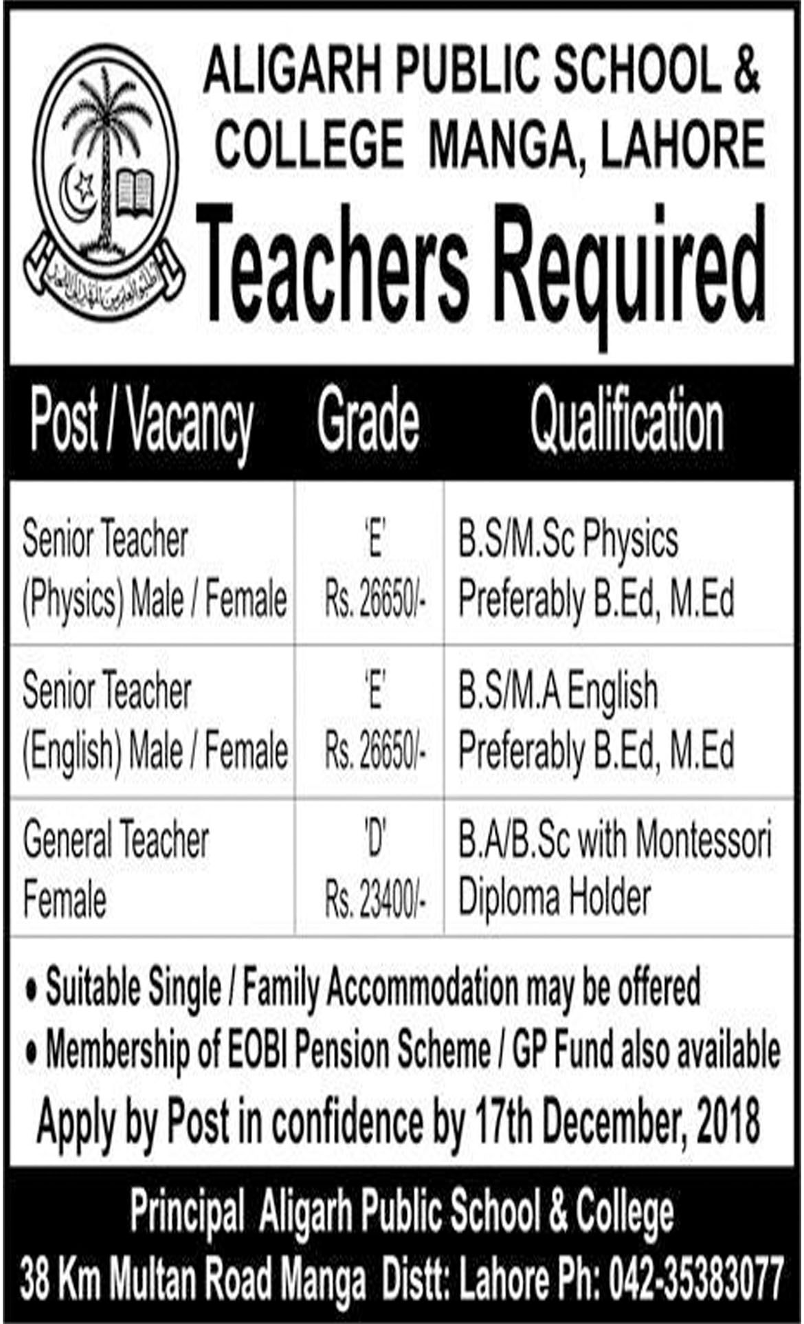 Jobs In Aligarh Public School And College Lahore 11 Dec 2018