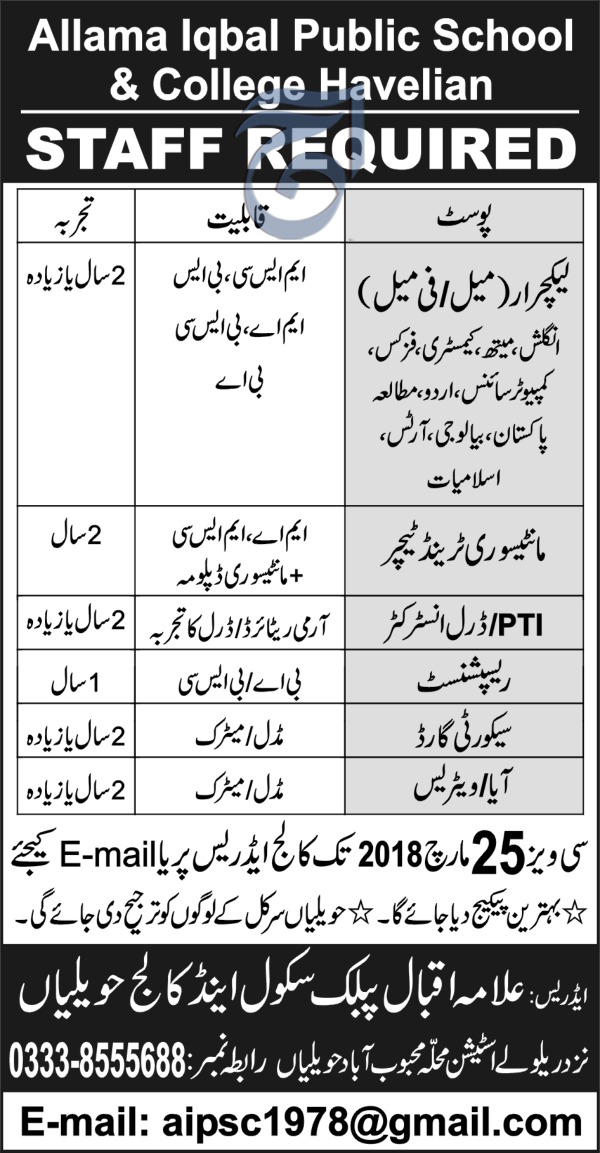 Jobs In Allama Iqbal Public School & College Havelian 12 Mar 2018