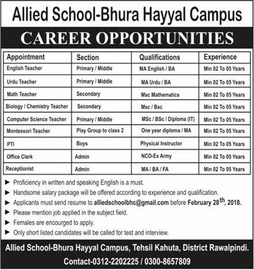Jobs in Allied School Hayyal Campus in Rawalpindi 18 Feb 2018