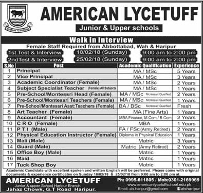 Jobs In American Lycetuff 17 Feb 2018