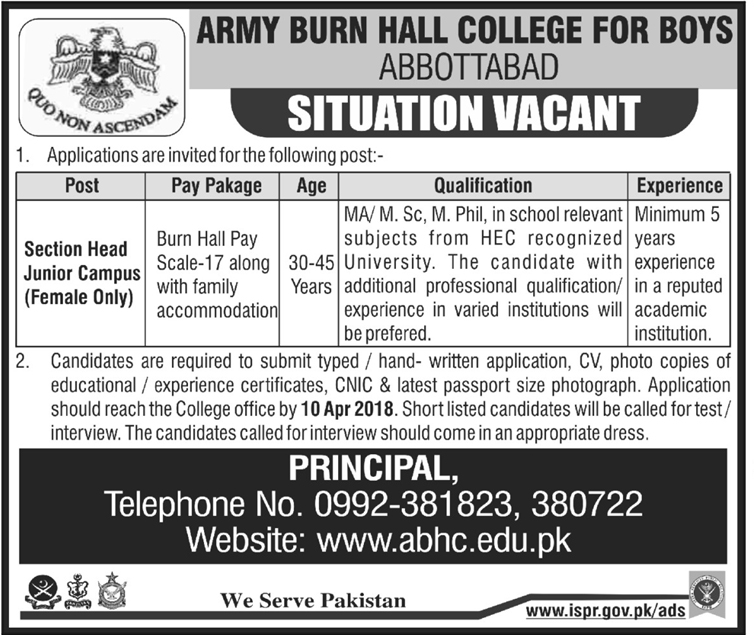 Jobs in Army Burn Hall College For Boys Abbottabad 01 April 2018