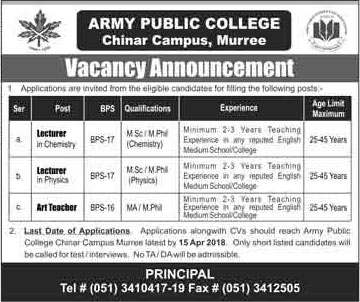 Jobs in Army Public College Chinar Campus Murree 05 April 2018