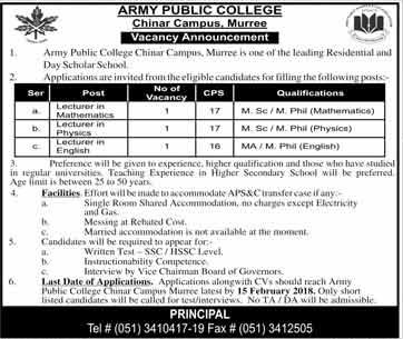 Jobs in Army Public College in Murree 04 Feb 2018