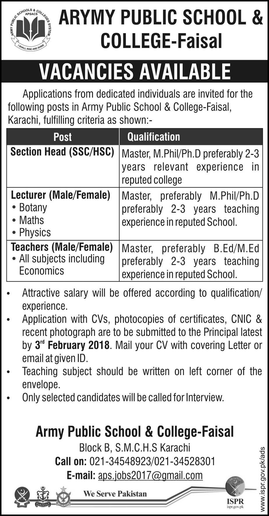 Jobs in Army Public School and College System 28 Jan 2018