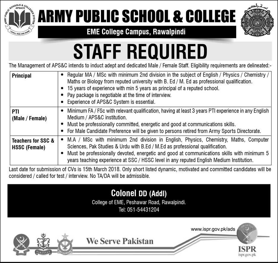 Jobs In Army Public School & Colleges 21 Feb 2018