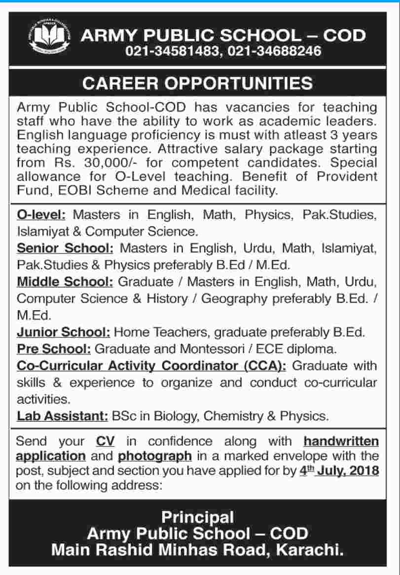 Jobs in Army Public School Karachi 24 June 2018