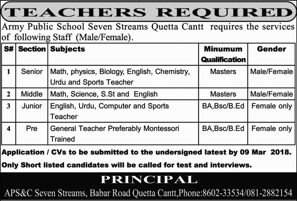 Jobs In Army Public School Quetta 05 Mar 2018