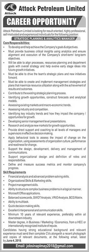 Jobs in Attock Petroleum Limited 25 May 2018