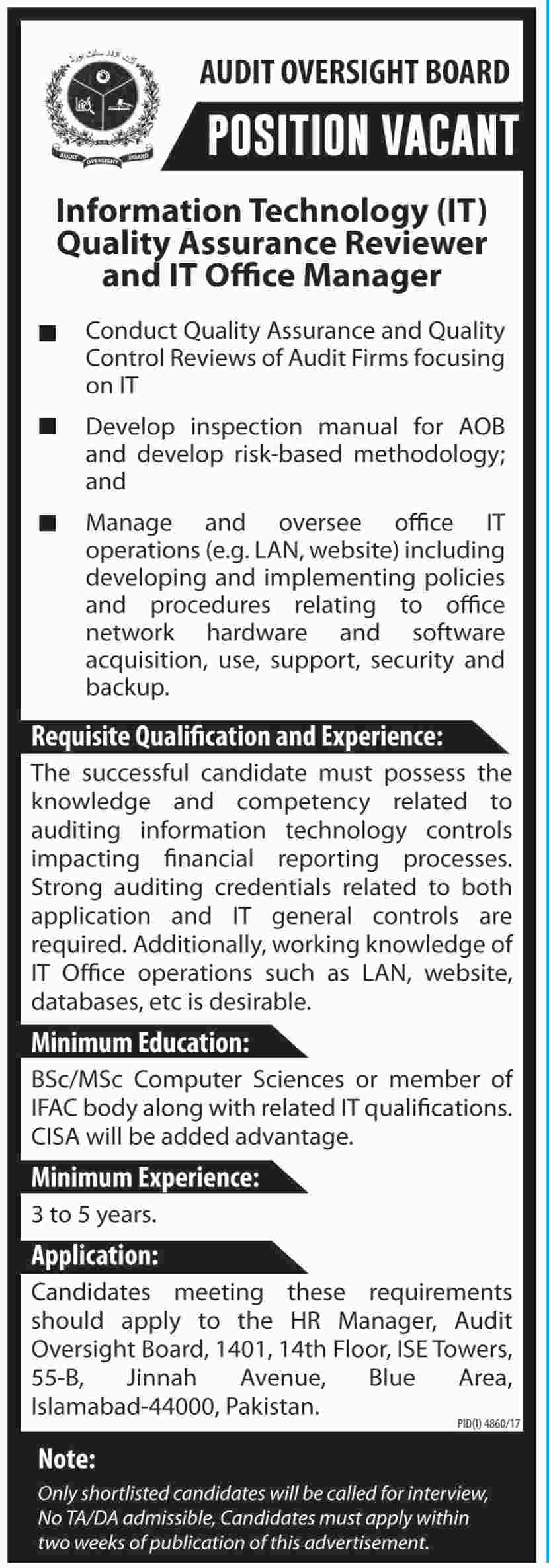 Jobs in Audit Oversight Board Islamabad 11 March 2018