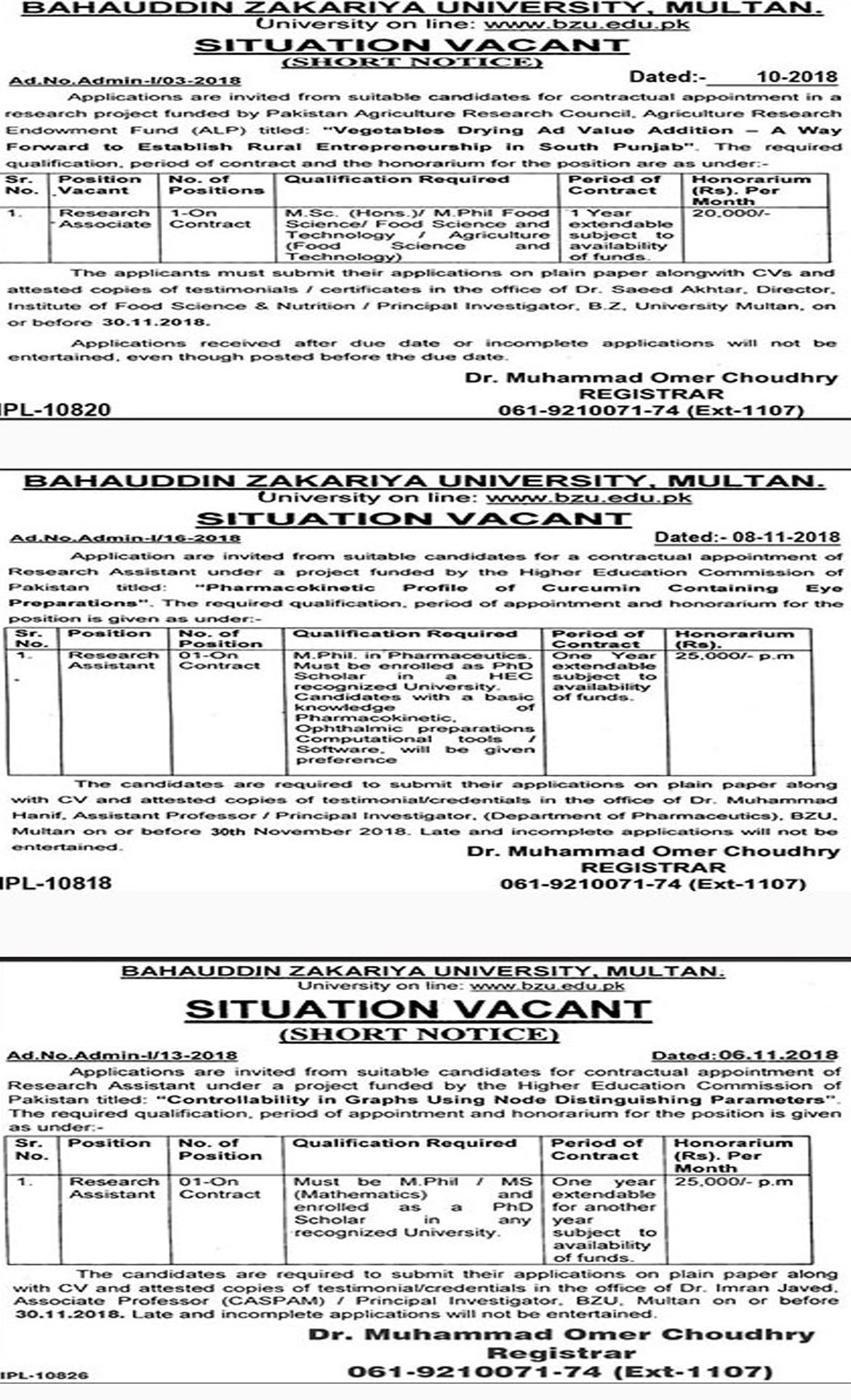 Jobs In Bahauddin Zakariya University BZU 15 Nov 2018