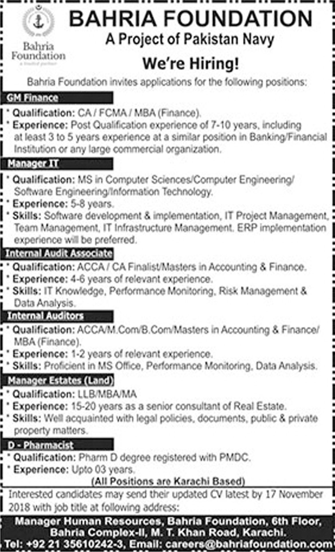 Jobs In Bahria Foundation Pakistan Navy Project 07 Nov 2018