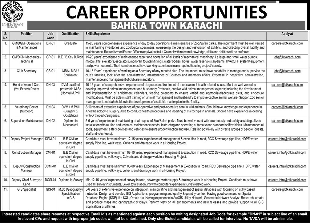 Jobs in Bahria Town Karachi 08 April 2018