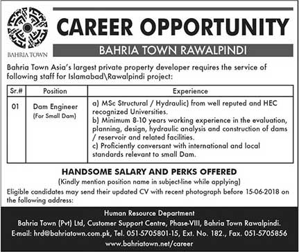Jobs in  Bahria Town Rawalpindi 01 June 2018