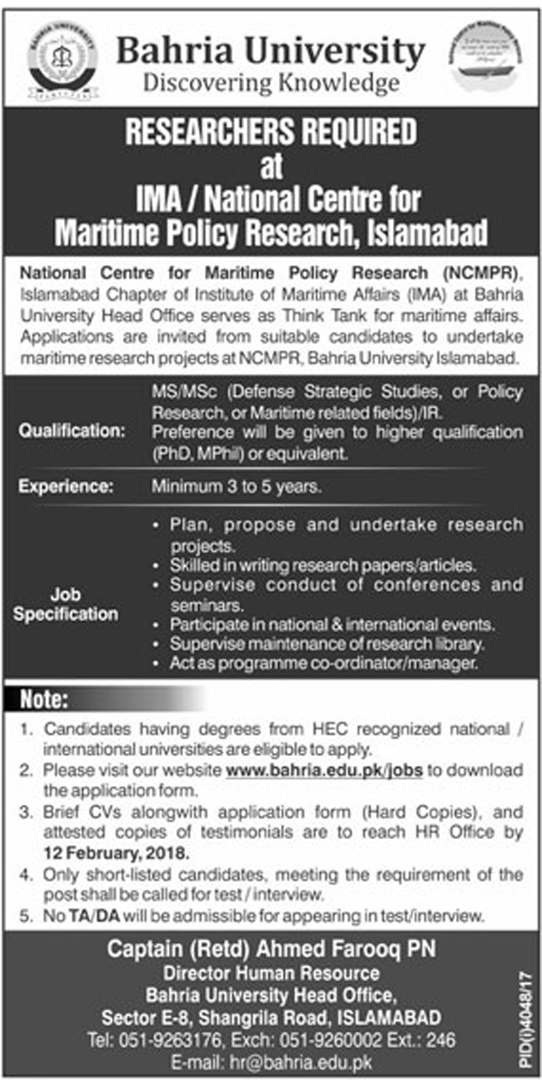 Jobs in Bahria University Islamabad 28 Jan 2018