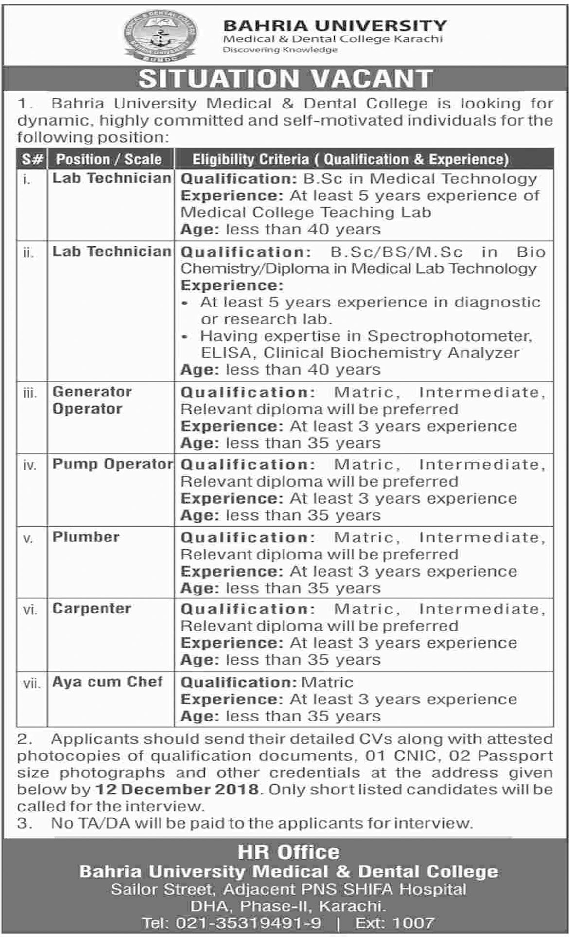 Jobs In Bahria University Karachi 05 Dec 2018
