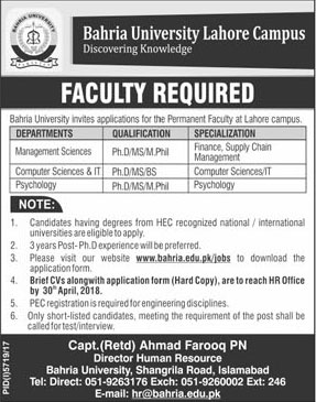 Jobs in Bahria University Lahore Campus 17 April 2018